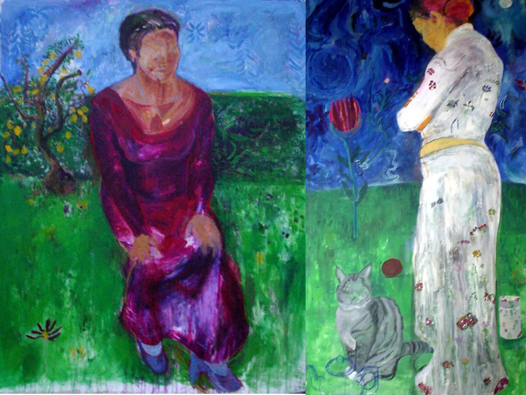 Cat with Women — a figurative oil painting in jewel greens and blues