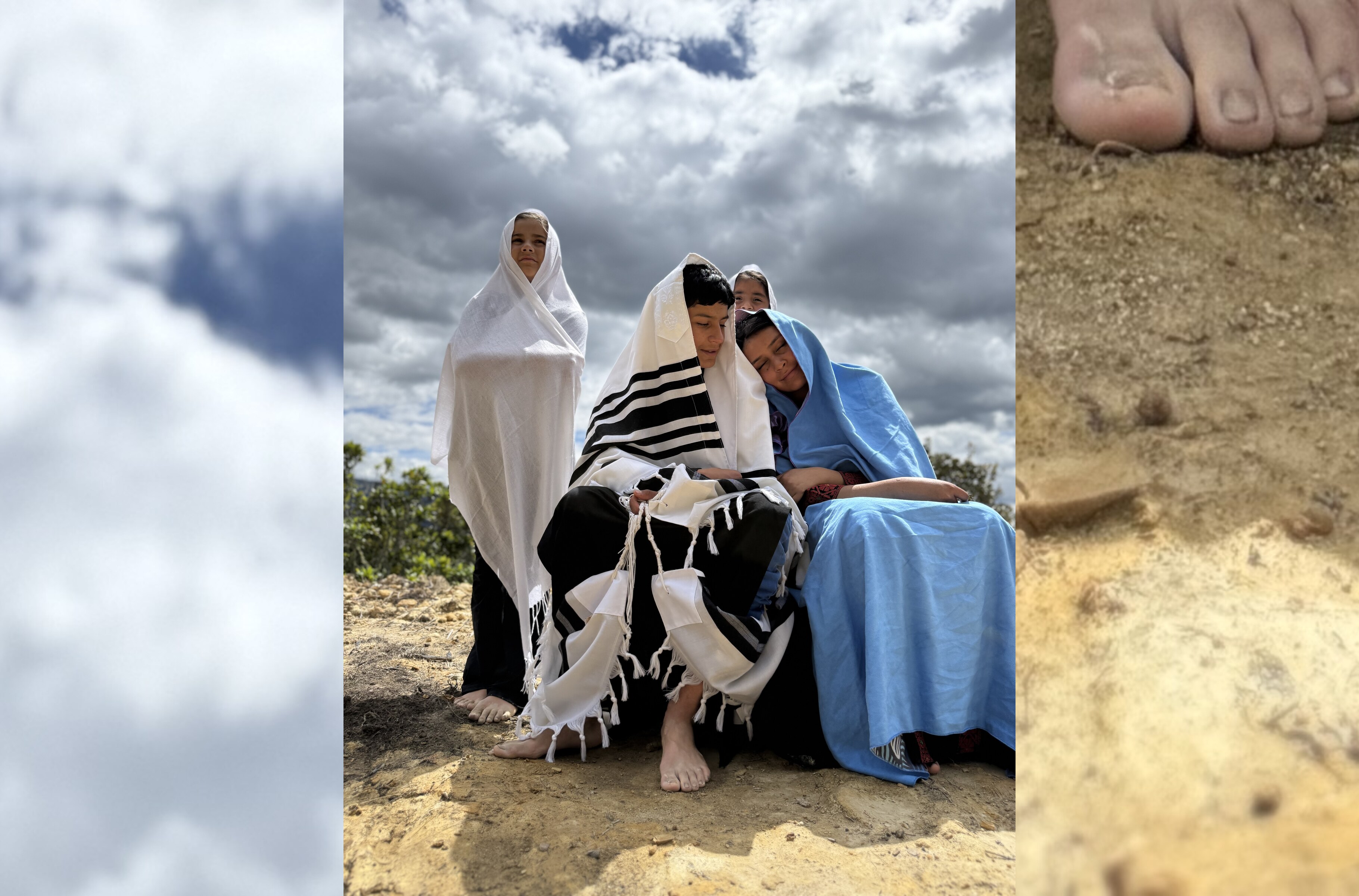 Good News — a triptych: clouds, a group gathered in a tallit and white veils with a child in a blue blanket, and the bare earth