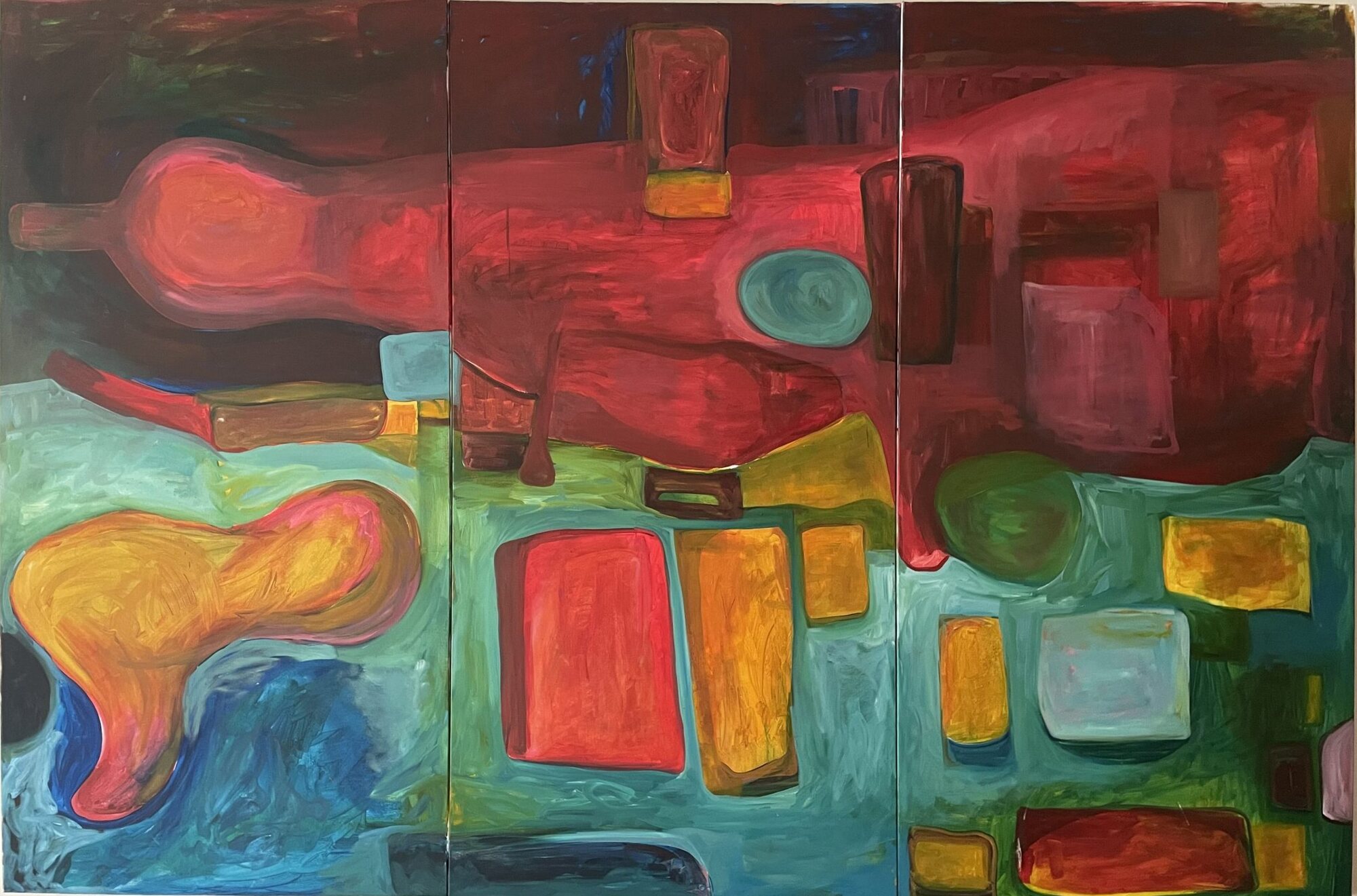Peanut — a large abstract oil triptych in crimson and teal